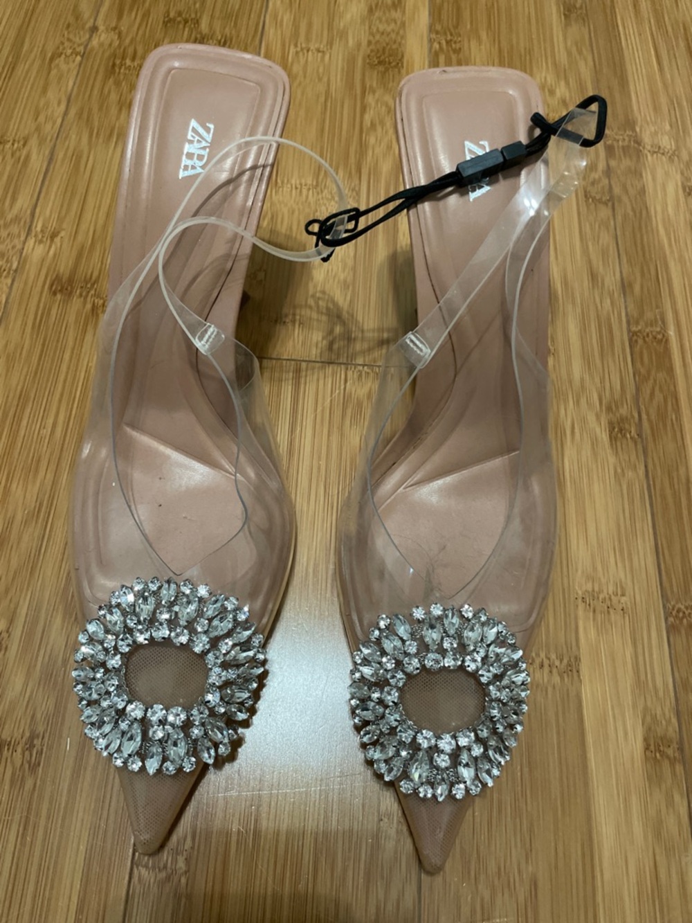 ZARA Nude Pointed Slingback Heels with Crystal Rosette